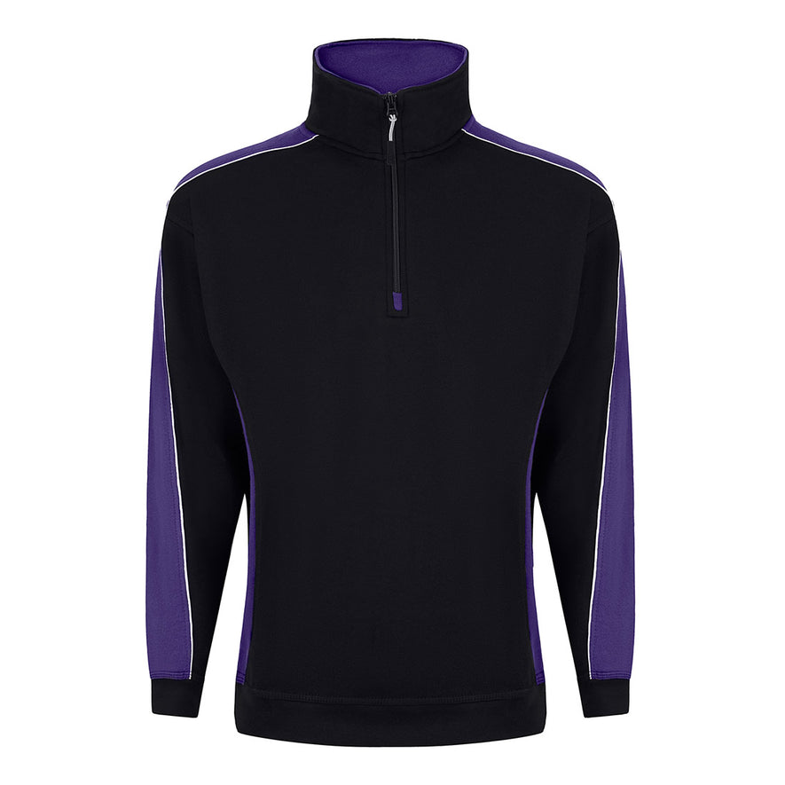 ORN Workwear Avocet 1/4 Zip Sweatshirt in black with purple contrast on the arms and sides with a zip neck close and white stitching for contrast through out.