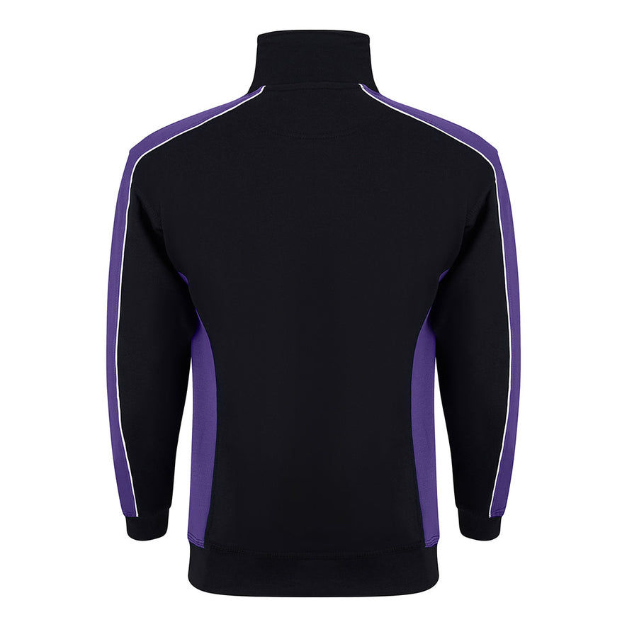 Back of ORN Workwear Avocet 1/4 Zip Sweatshirt in black with purple contrast on the arms and sides with white stitching for contrast through out.