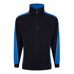 ORN Workwear Avocet 1/4 Zip Sweatshirt in black with royal blue contrast on the arms and sides with a zip neck close and white stitching for contrast through out.