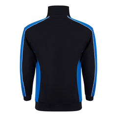Back of ORN Workwear Avocet 1/4 Zip Sweatshirt in black with royal blue contrast on the arms and sides with white stitching for contrast through out.