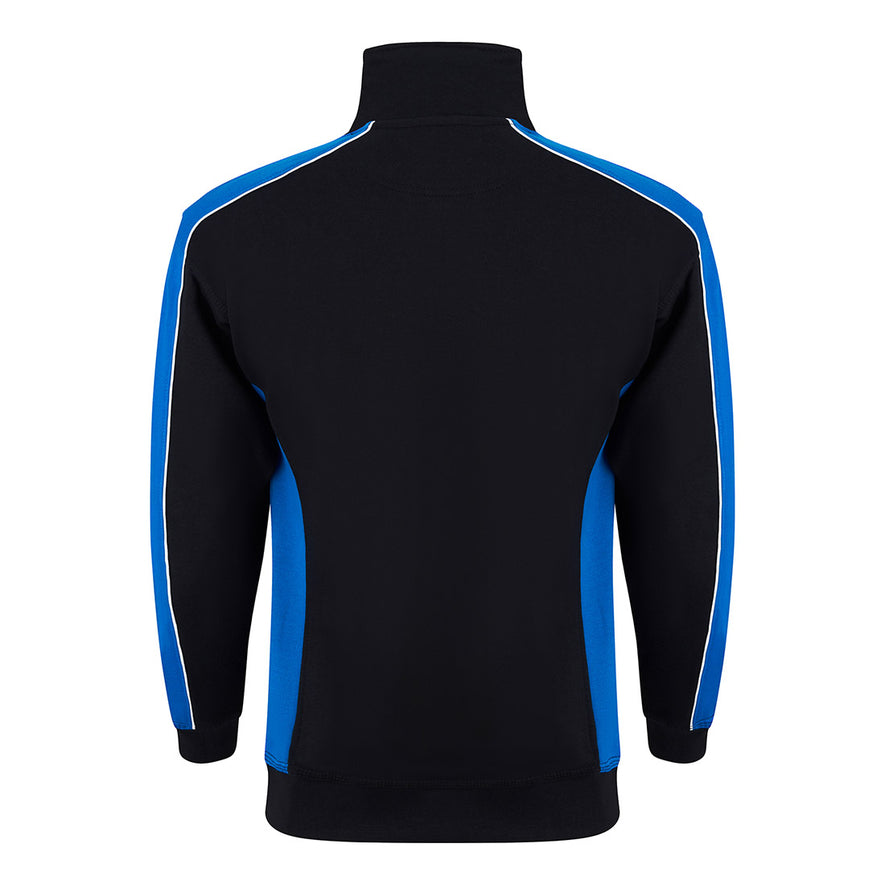 Back of ORN Workwear Avocet 1/4 Zip Sweatshirt in black with royal blue contrast on the arms and sides with white stitching for contrast through out.
