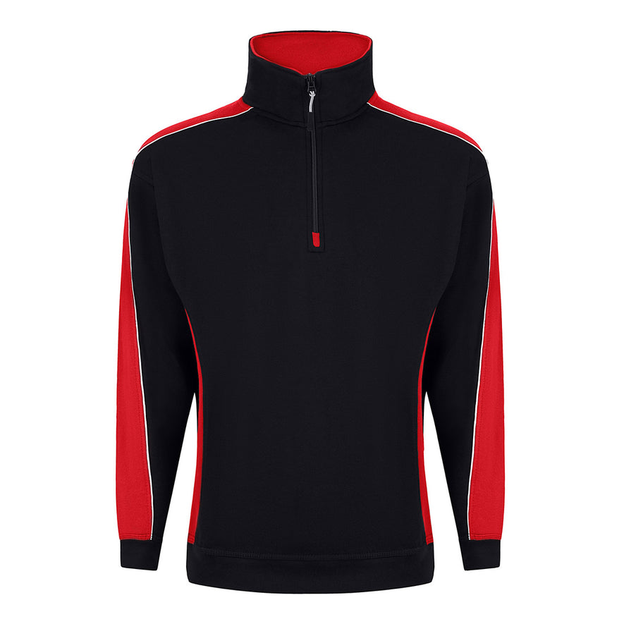ORN Workwear Avocet 1/4 Zip Sweatshirt in black with red contrast on the arms and sides with a zip neck close and white stitching for contrast through out.