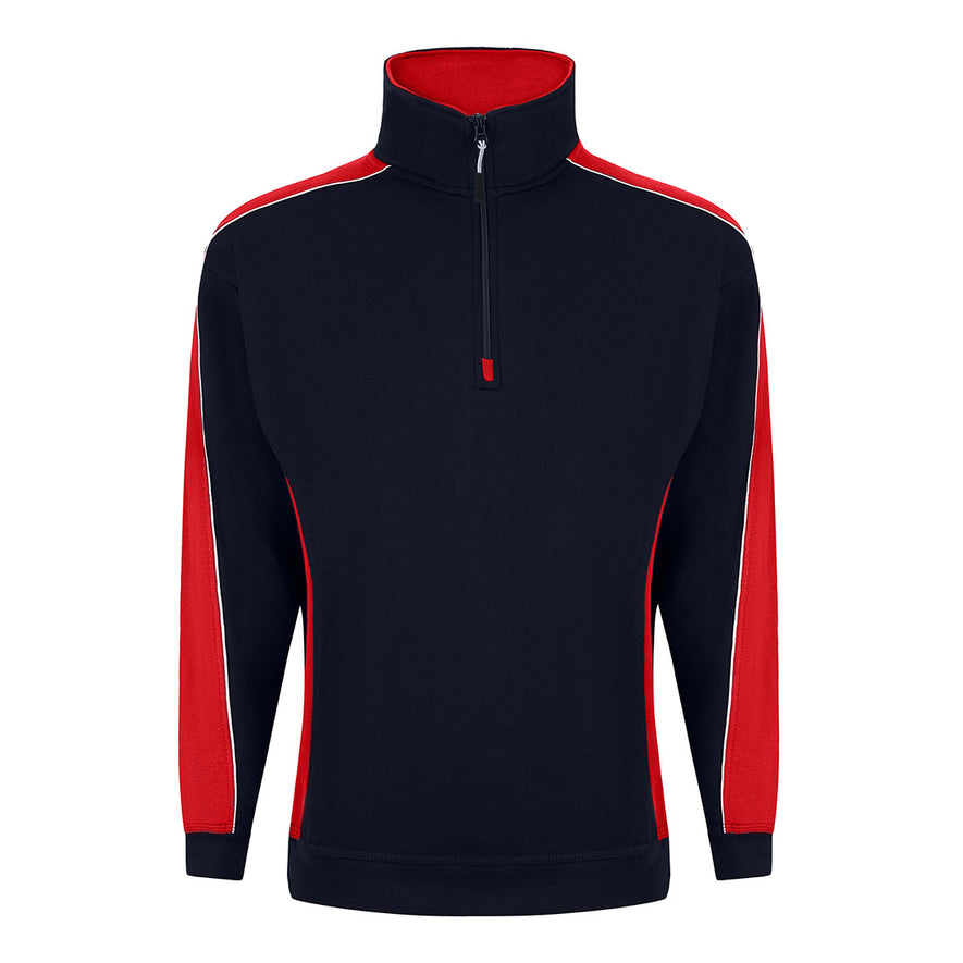 ORN Workwear Avocet 1/4 Zip Sweatshirt in navy with red contrast on the arms and sides with a zip neck close and white stitching for contrast through out.