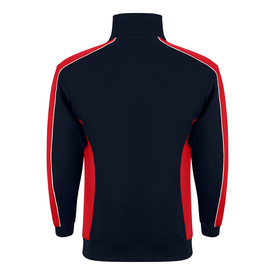 Back of ORN Workwear Avocet 1/4 Zip Sweatshirt in navy with red contrast on the arms and sides with white stitching for contrast through out.