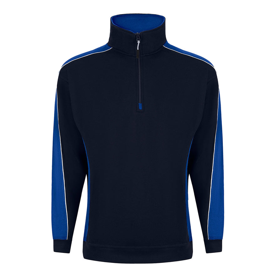 ORN Workwear Avocet 1/4 Zip Sweatshirt in navy with royal blue contrast on the arms and sides with a zip neck close and white stitching for contrast through out.