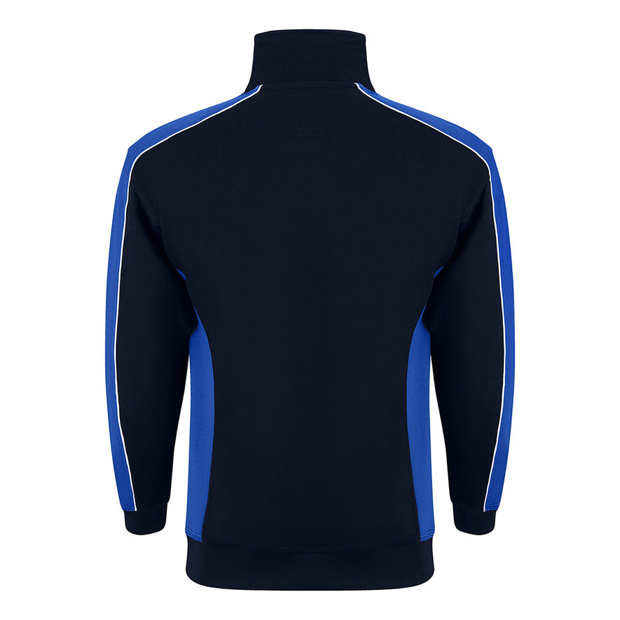 Back of ORN Workwear Avocet 1/4 Zip Sweatshirt in navy with royal blue contrast on the arms and sides with white stitching for contrast through out.