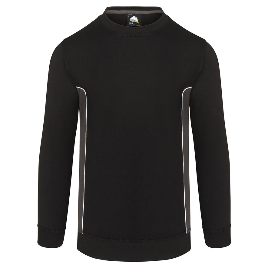 ORN Workwear Silverswift round neck Sweatshirt in black with graphite grey contrast on the sides and white stitching for contrast through out.