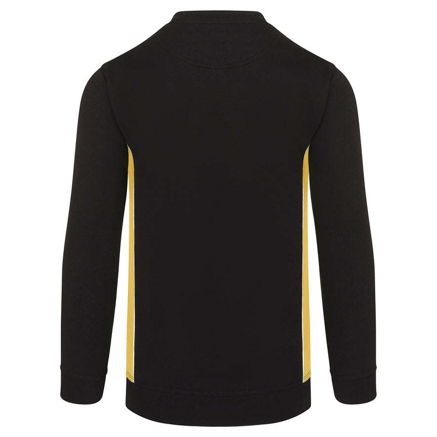Back of ORN Workwear Silverswift Sweatshirt in black with yellow contrast on the sides and white stitching for contrast through out.