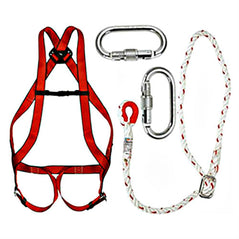 Fall arrest kit, This includes a silver carbiner, fall arrest block, white rope, harness which is red.
