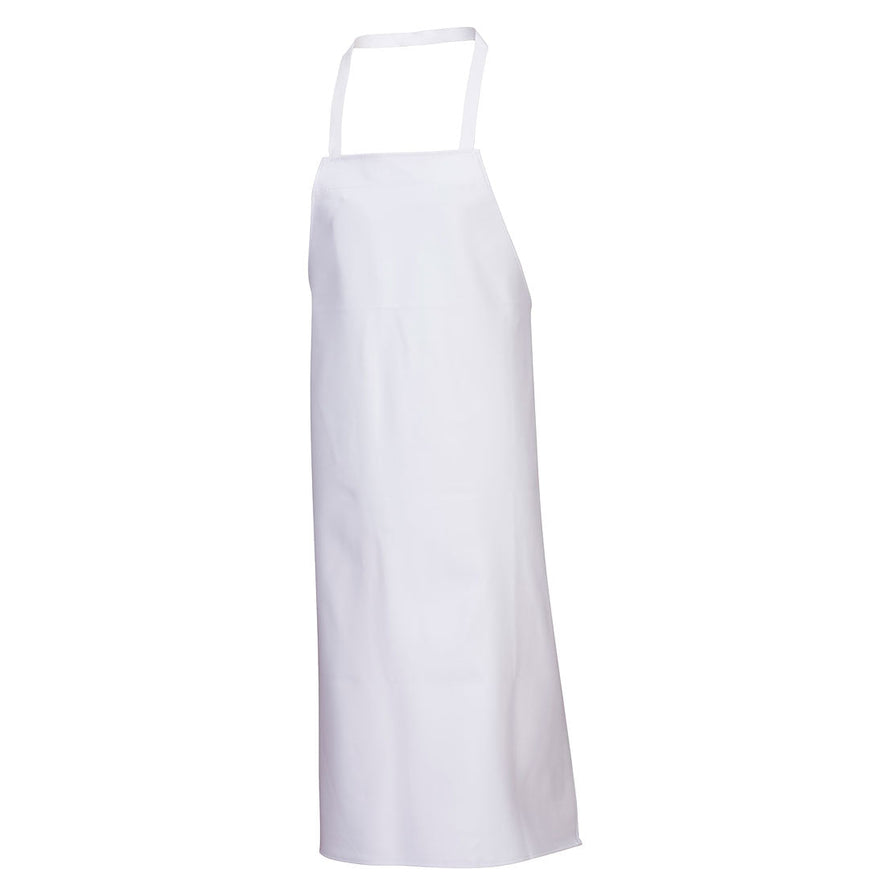 White food industry apron with a new k tighten.