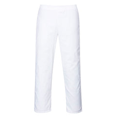 White bakers trousers with elasticated waist.
