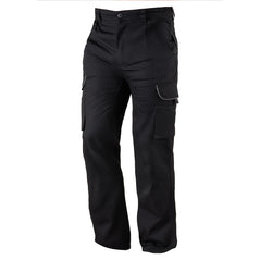 Orn Workwear Heron EarthPro Combat Trouser in black with button fasten, belt loops and cargo style pockets which have grey stitching for contrast.