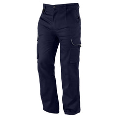 Orn Workwear Heron EarthPro Combat Trouser in navy with button fasten, belt loops and cargo style pockets which have grey stitching for contrast.