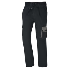Orn Workwear Silverswift Combat Trouser in black with button fasten, d loop ring, belt loops and cargo style pockets which have graphite grey contrast around them.