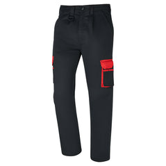Orn Workwear Silverswift Combat Trouser in black with button fasten, d loop ring, belt loops and cargo style pockets which have graphite red contrast around them.