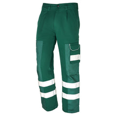 Orn Workwear Vulture Hi Vis Ballistic Trouser in bottle green with button fasten, d loop ring, belt loops and cargo style pockets kneepad pockets and hi vis bands across the lower leg.