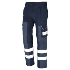 Orn Workwear Vulture Hi Vis Ballistic Trouser in navy with button fasten, d loop ring, belt loops and cargo style pockets kneepad pockets and hi vis bands across the lower leg.