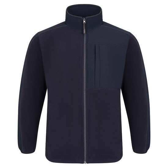 Orn Workwear Bateleur EarthPro Fleece in navy with zip fasten and a left chest pocket.