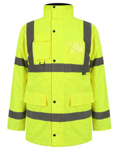 Yellow Hi vis Traffic jacket with two waist bands and shoulder bands. Pop button fasten with a id holder and waist pockets.
