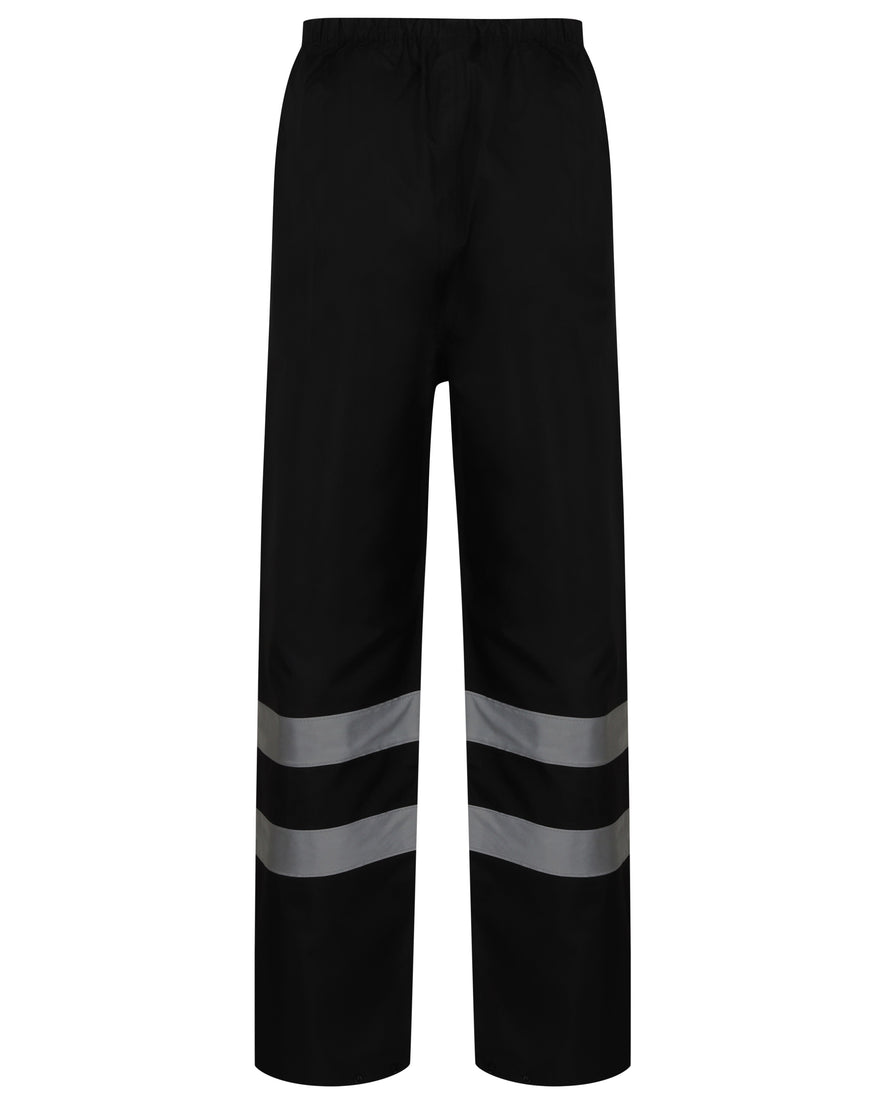 Black Hi vis over trousers Trousers have two hi vis bands and elasticated waist for tightening.