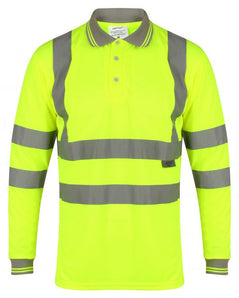 Yellow Hi vis polo shirt long sleeve with grey accents on the collar and wrist cuff. Polo Shirts have two hi vis waist bands and hi vis shoulder bands.