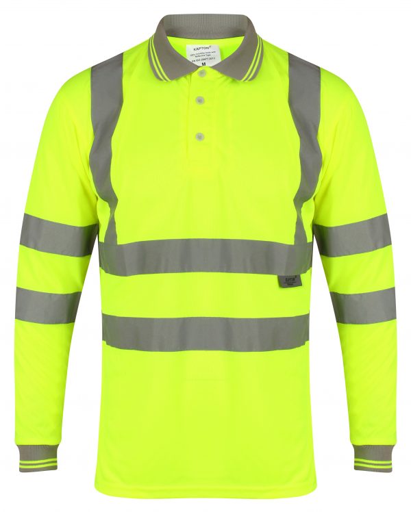 Yellow Hi vis polo shirt long sleeve with grey accents on the collar and wrist cuff. Polo Shirts have two hi vis waist bands and hi vis shoulder bands.