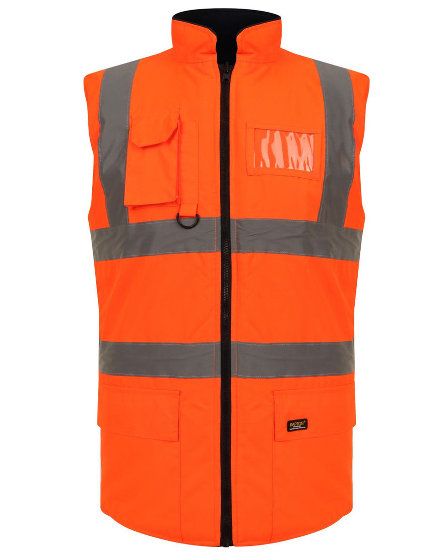 Orange Hi vis body-warmer with two waist bands and shoulder bands. Zip fasten with a id holder, D-loop, chest and waist pockets.