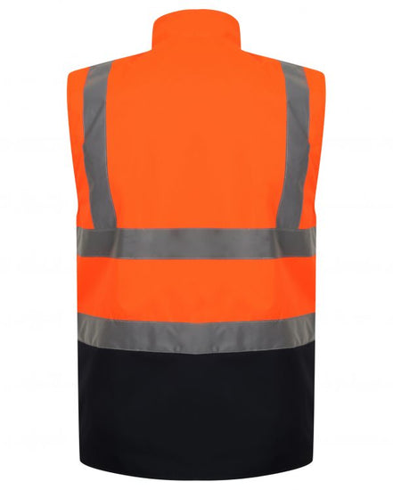 Orange Hi vis body-warmer with Two tone navy accents on the bottom of body warmer. two waist bands and shoulder bands. 