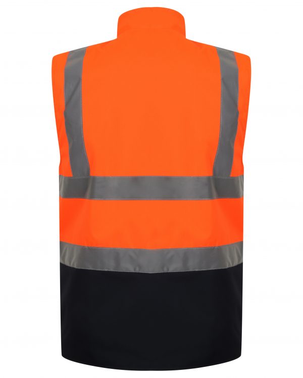 Orange Hi vis body-warmer with Two tone navy accents on the bottom of body warmer. two waist bands and shoulder bands. 
