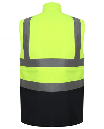 Yellow Hi vis body-warmer with Two tone navy accents on the bottom of body warmer. two waist bands and shoulder bands. 