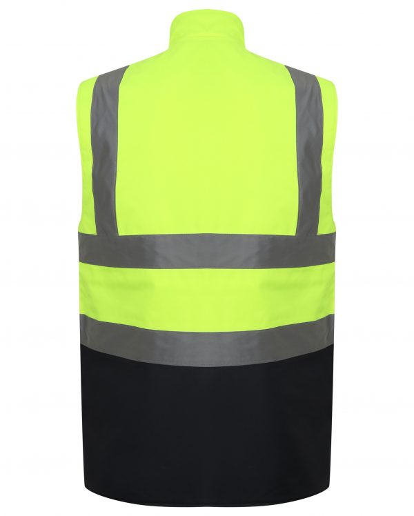 Yellow Hi vis body-warmer with Two tone navy accents on the bottom of body warmer. two waist bands and shoulder bands. 