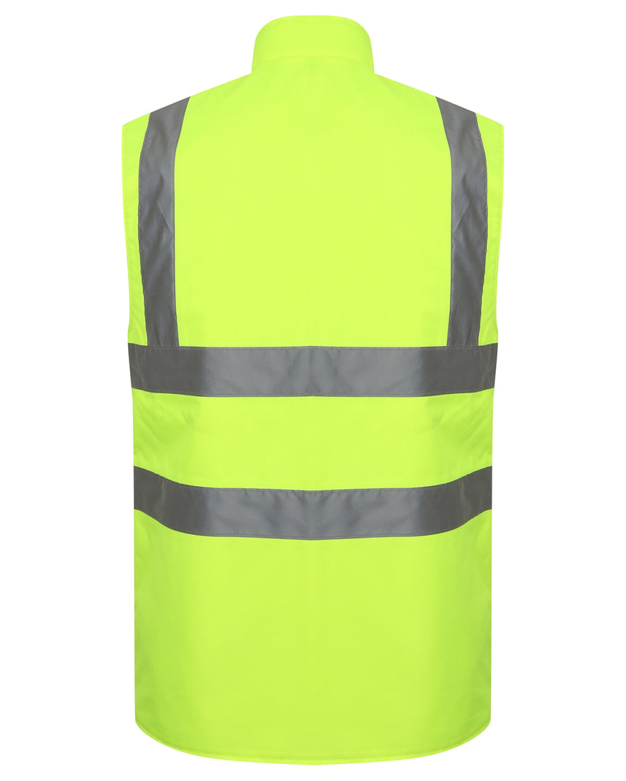 Back of Yellow Hi vis body-warmer with two waist bands and shoulder bands. 