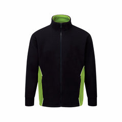Orn Workwear Silverswift Fleece in black with contrast lime green around the side pockets, jacket is zip fasten.