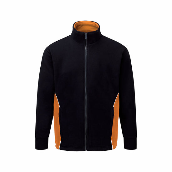Orn Workwear Silverswift Fleece in black with contrast orange around the side pockets, jacket is zip fasten.