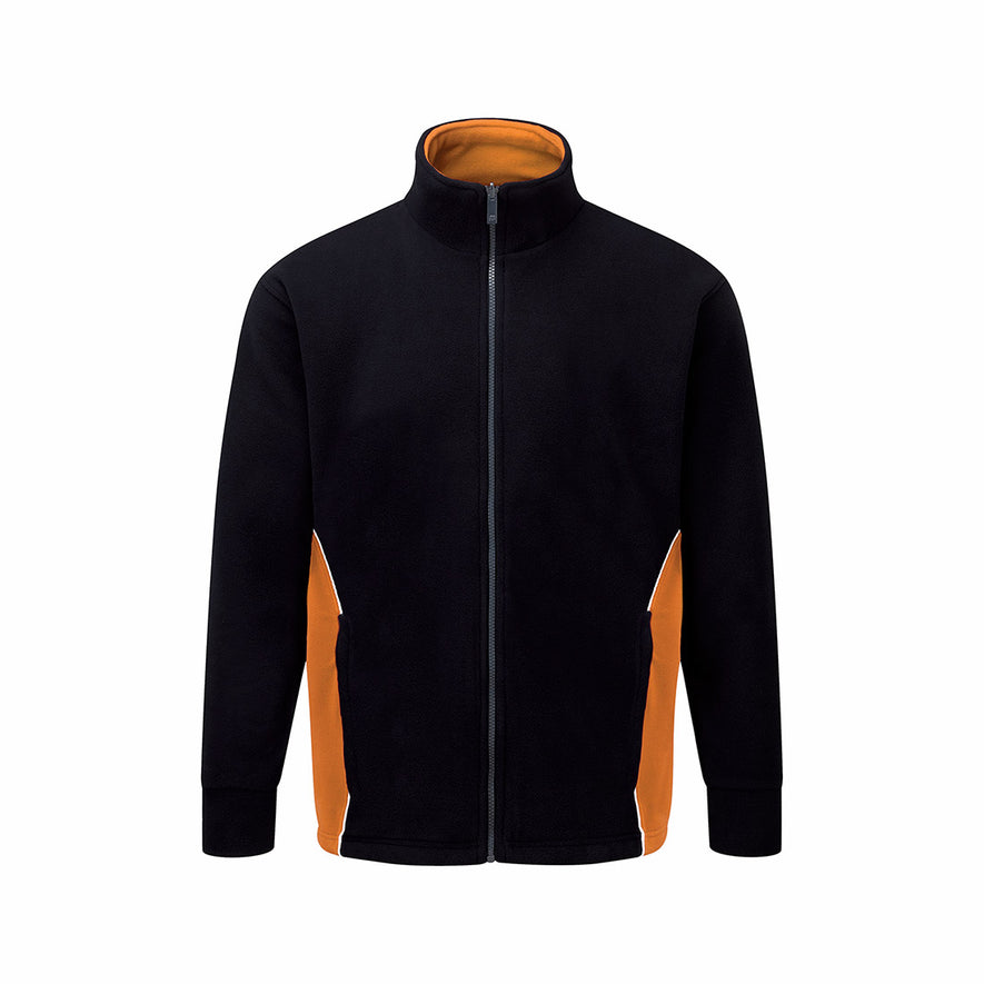 Orn Workwear Silverswift Fleece in black with contrast orange around the side pockets, jacket is zip fasten.