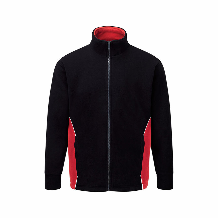 Orn Workwear Silverswift Fleece in black with contrast red around the side pockets, jacket is zip fasten.