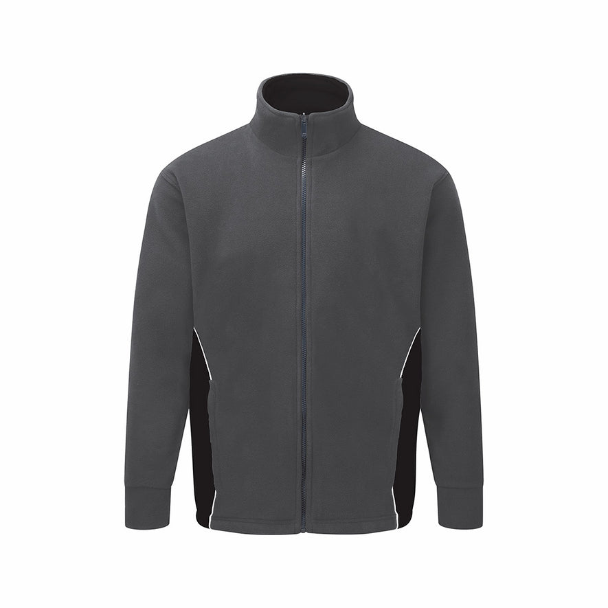 Orn Workwear Silverswift Fleece in graphite grey with contrast black around the side pockets, jacket is zip fasten.