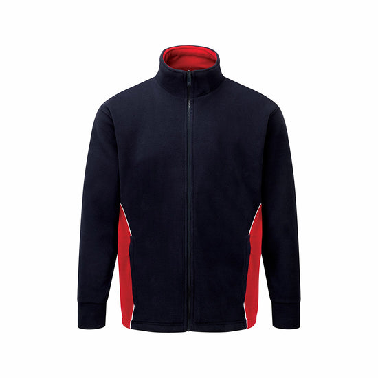 Orn Workwear Silverswift Fleece in navy with contrast red around the side pockets, jacket is zip fasten.