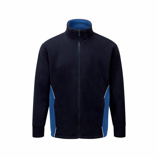 Orn Workwear Silverswift Fleece in navy with contrast royal blue around the side pockets, jacket is zip fasten.