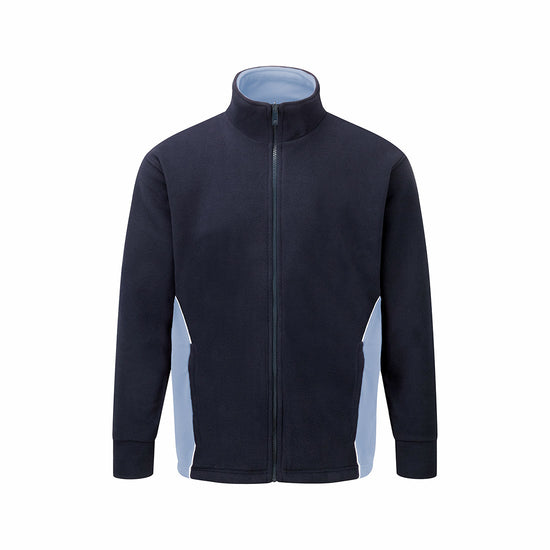 Orn Workwear Silverswift Fleece in navy with contrast sky blue around the side pockets, jacket is zip fasten.