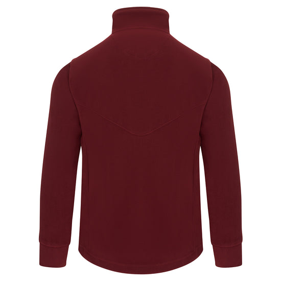 Back of Orn Workwear Albatross Fleece in burgundy with full zip fasten.