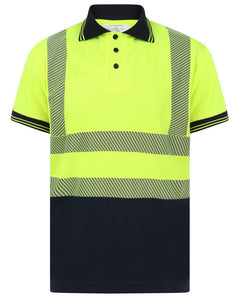Yellow Hi vis polo shirt short sleeve with navy accents on the collar, Bottom of the shirt and wrist cuff. Polo Shirts have two hi vis waist bands which are heat seal and hi vis shoulder bands.