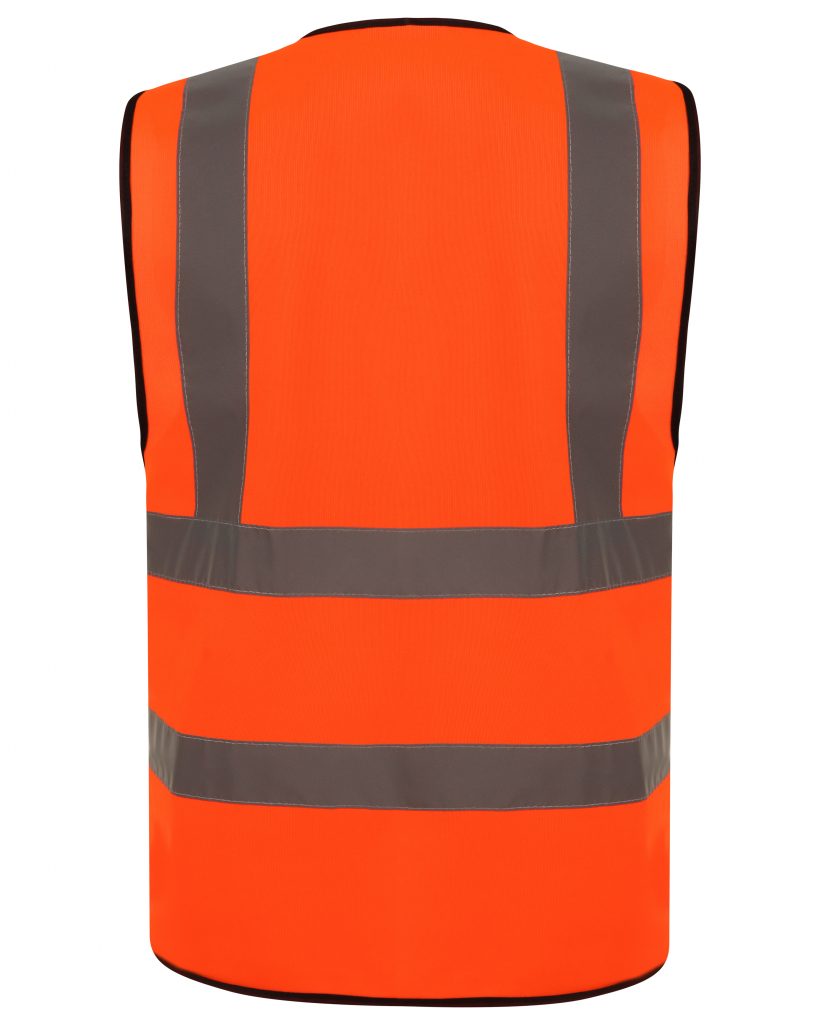 Orange Hi vis vest with two waist bands and shoulder bands. Velcro fasten.
