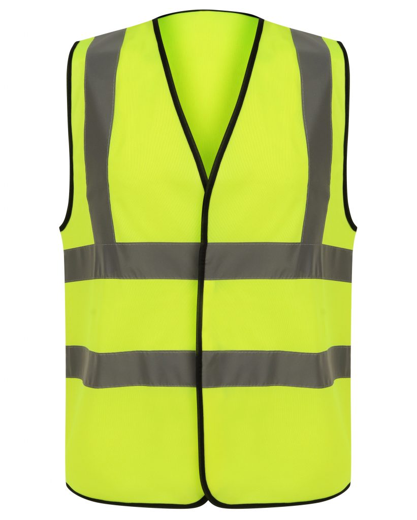 Yellow Hi vis vest with two waist bands and shoulder bands. Velcro fasten.