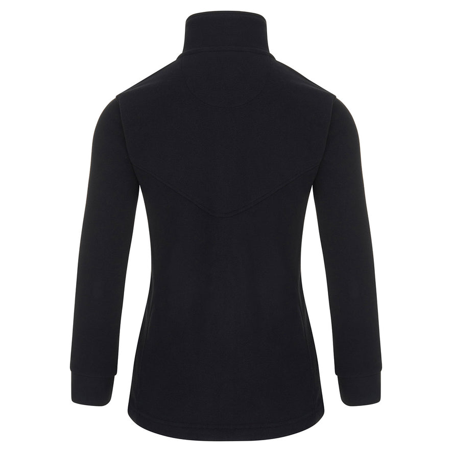Back of Orn Workwear Ladies Albatross Fleece in black with full zip fasten.