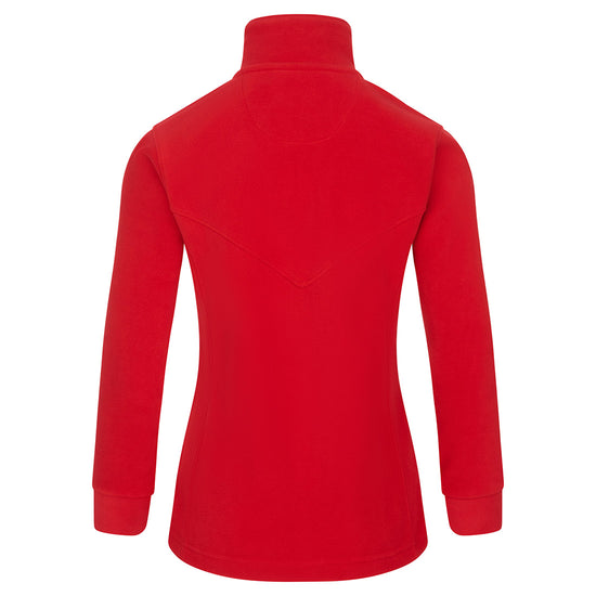 Back of Orn Workwear Ladies Albatross Fleece in red with full zip fasten.