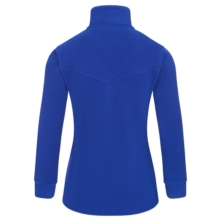 Back of Orn Workwear Ladies Albatross Fleece in royal blue with full zip fasten.