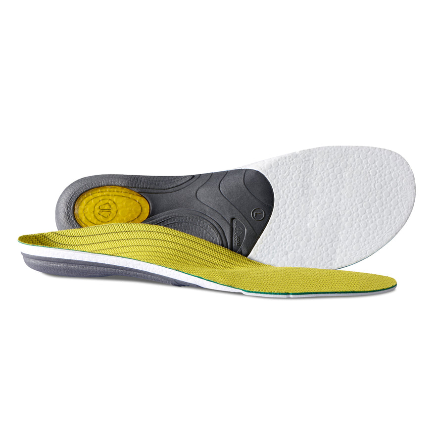 Pair of arch support foot bed insoles with yellow upper, grey bottom and black panel on heel of foot.