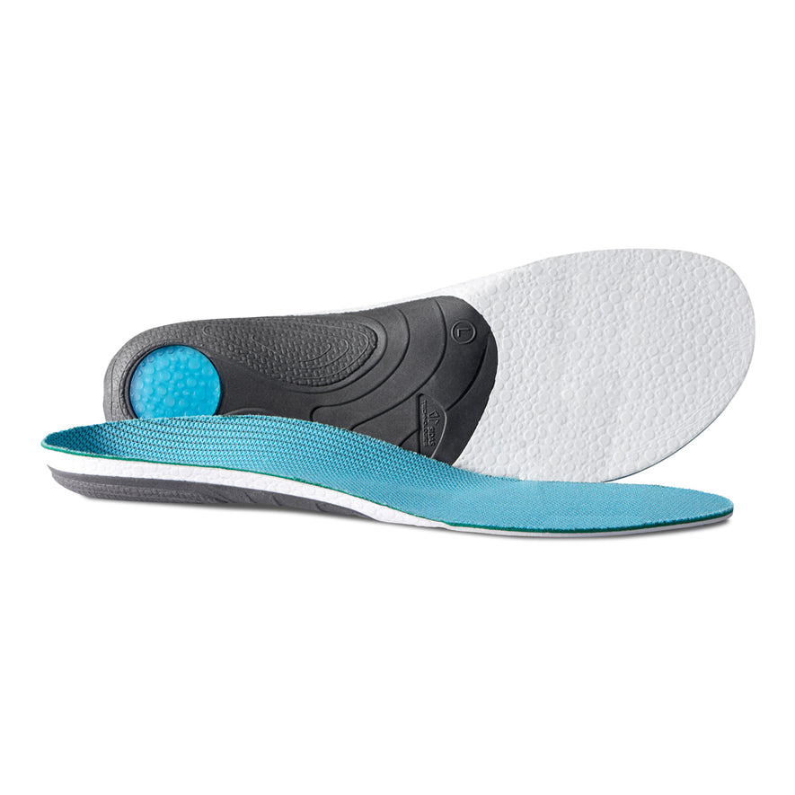 Pair of arch support foot bed insoles with blue upper, grey bottom and black panel on heel of foot.