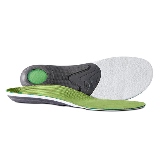 Pair of arch support foot bed insoles with green upper, grey bottom and black panel on heel of foot.